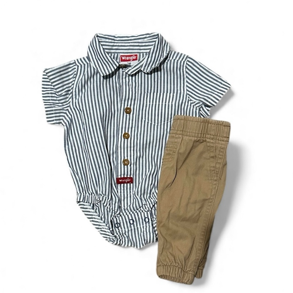 Wrangler Blue Striped Onesie and Brown Pants Set